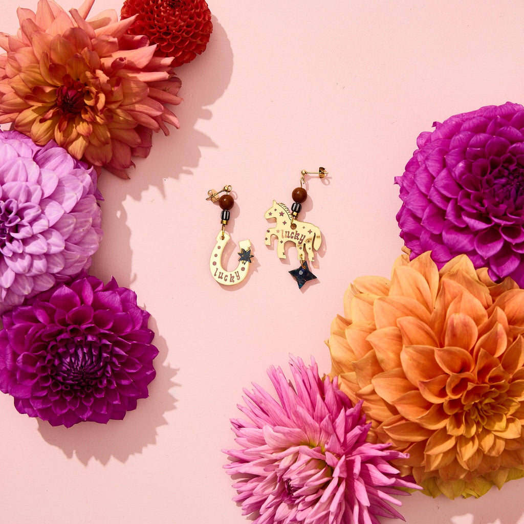 Lucky Horse + Shoe Earrings - Gold