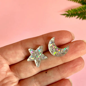 Mismatched Silver Moon and Star Studs