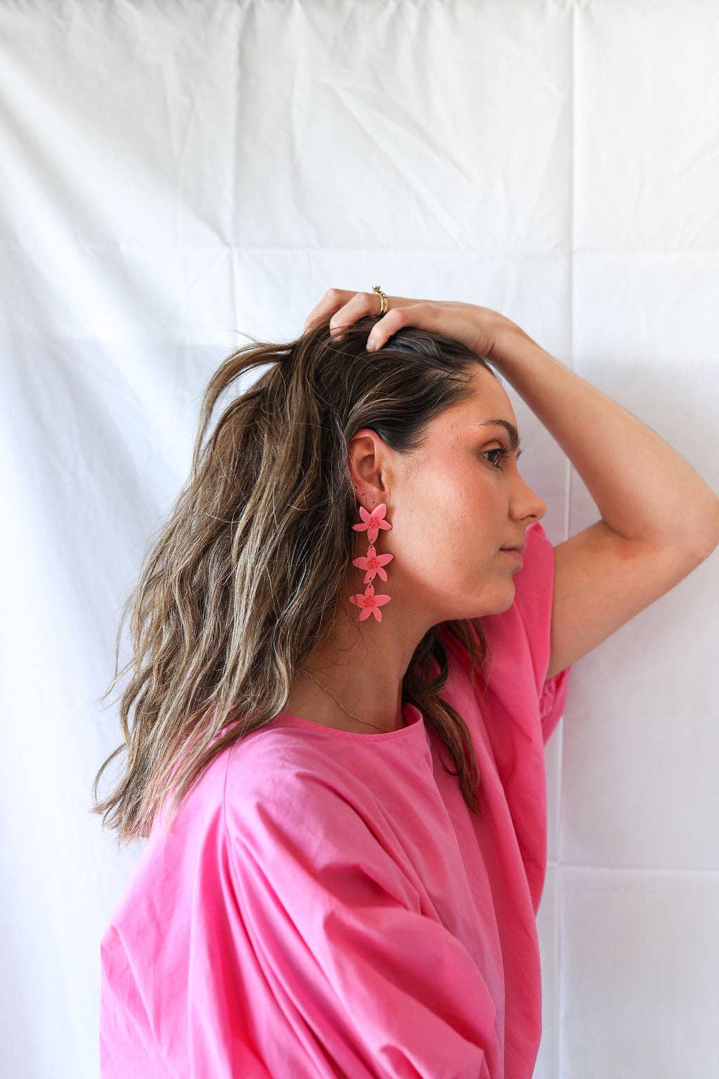 Frans Trio Earrings // Bright Pink with Red
