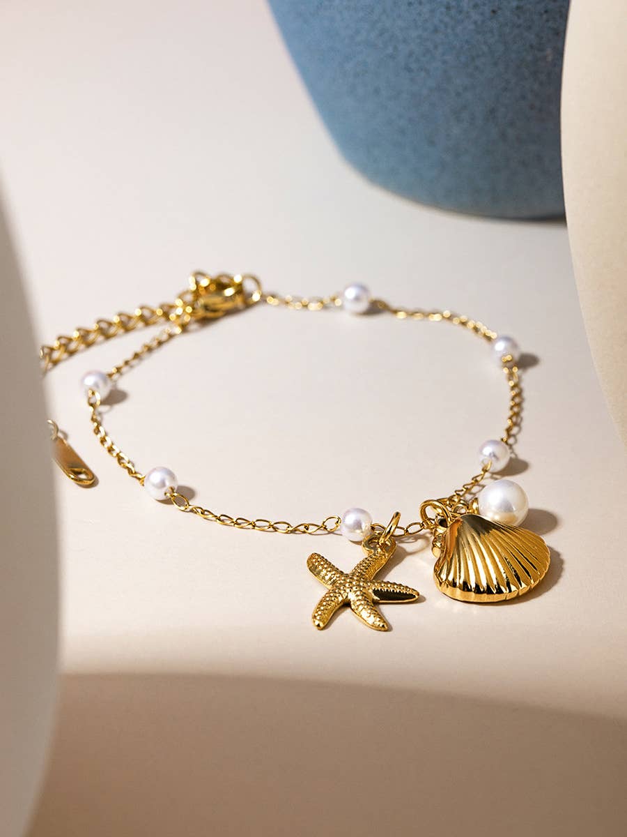 Capella 18K Gold Seashell Sea Star Pearl Necklace, Bracelet