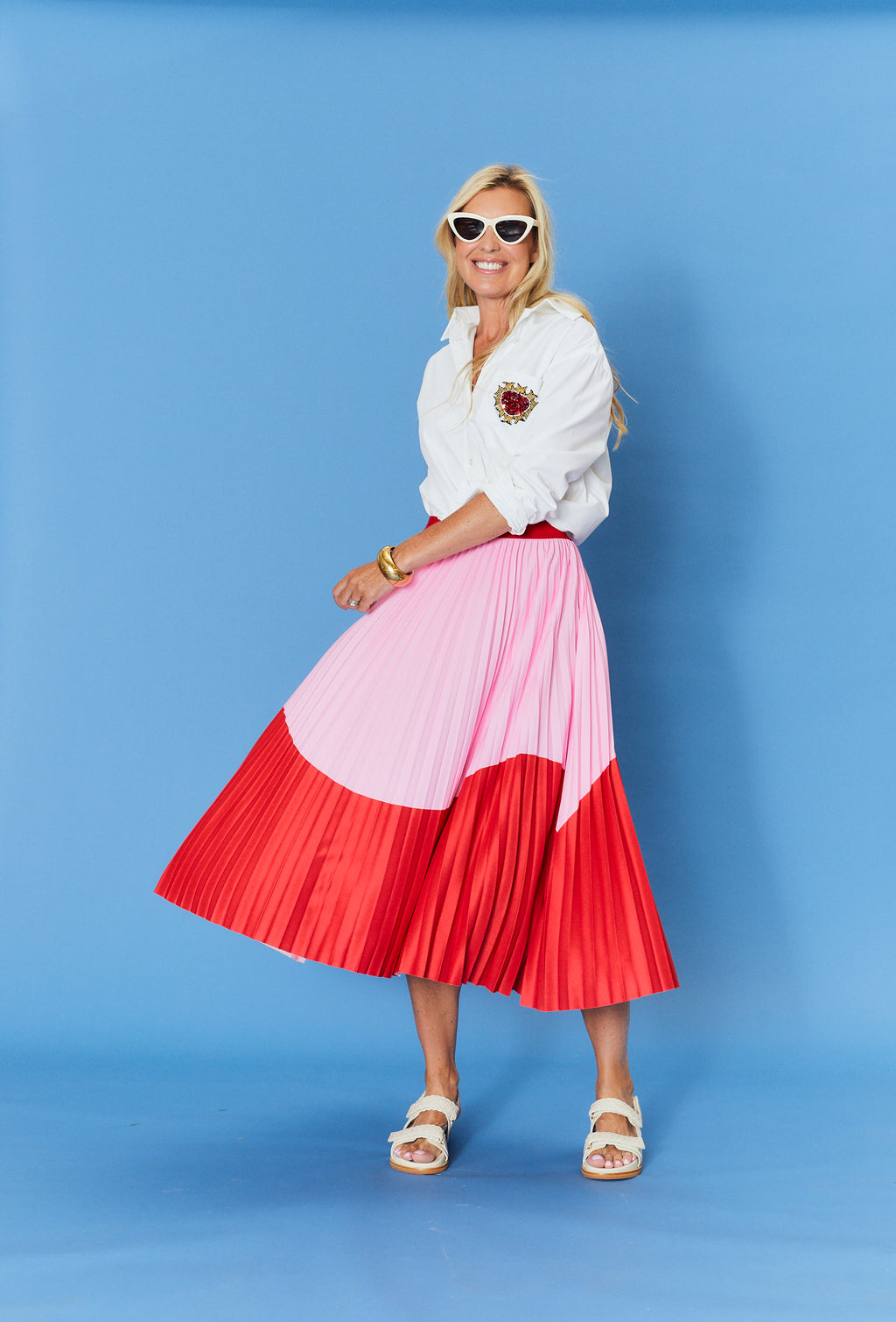 Lilian Pleat Skirt - Red Pink Wave