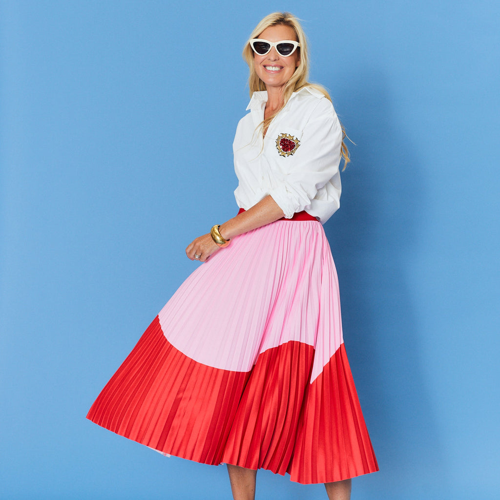 Lilian Pleat Skirt - Red Pink Wave