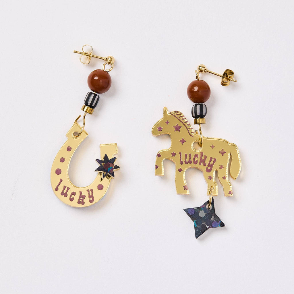 Lucky Horse + Shoe Earrings - Gold