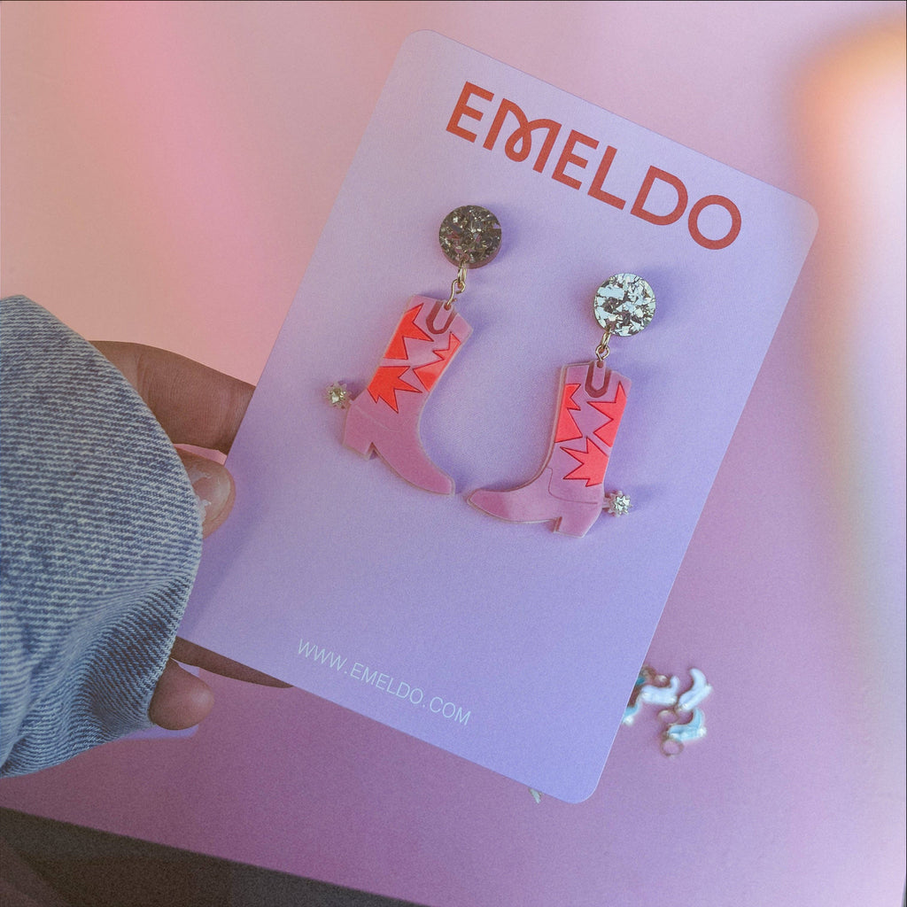 Cowgirl Boot Earrings // pink, neon red and gold
