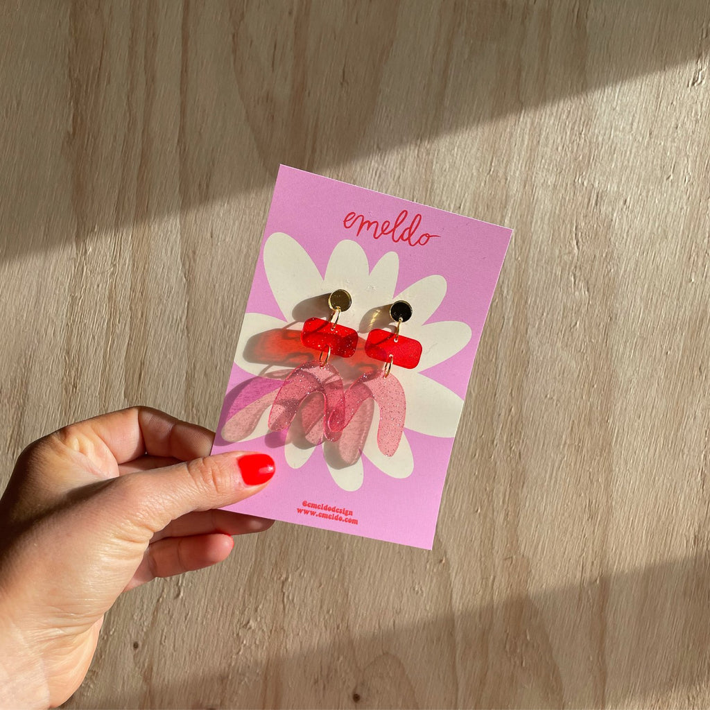 Emeldo Jean Earrings - Gold Mirror, Red & Pink Clear Glitter