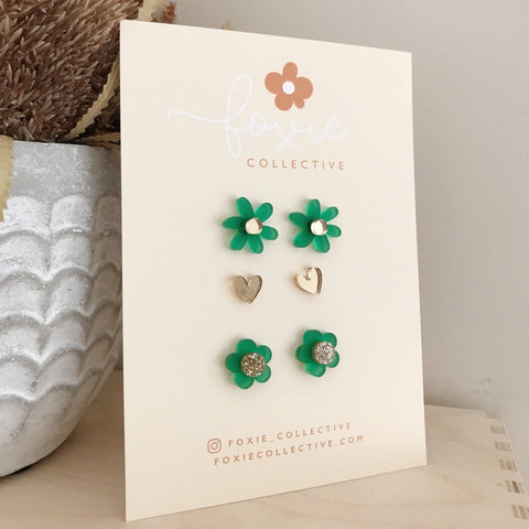 Stud Pack Trio | Frosted Green + Gold