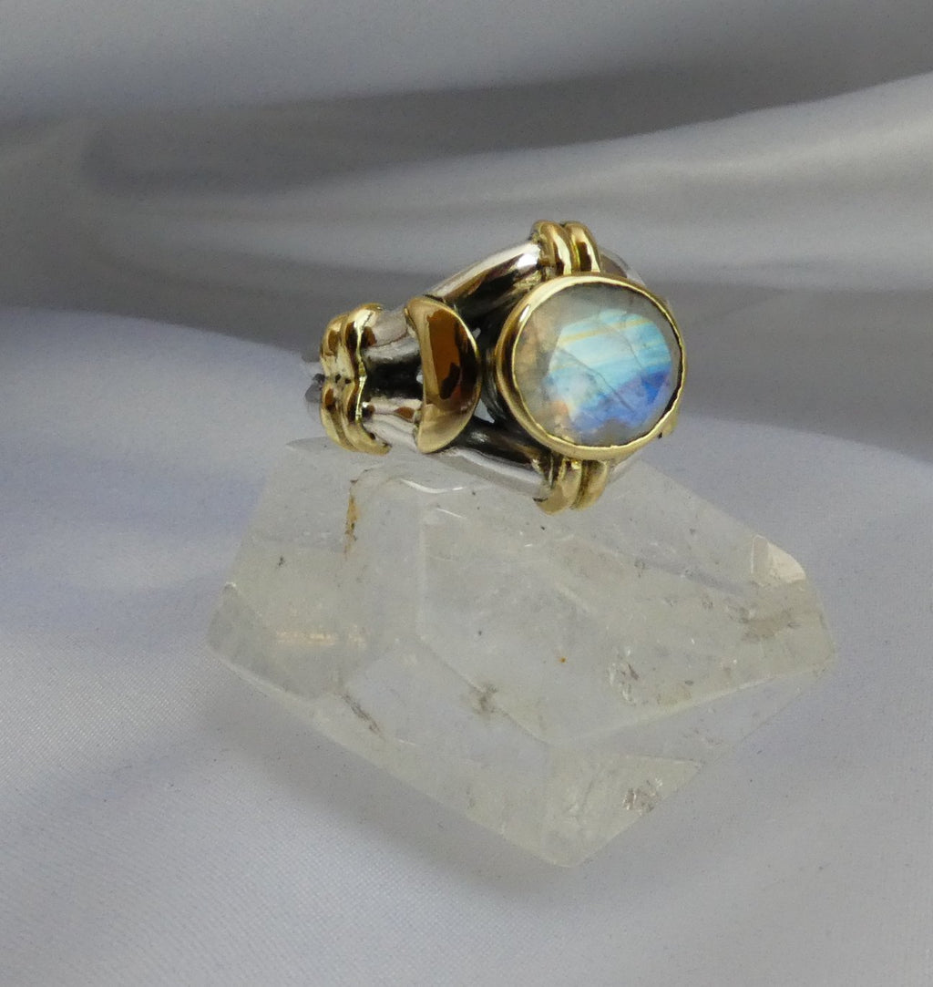 Kyoti Freya Ring || Silver || Brass || Rainbow Moonstone