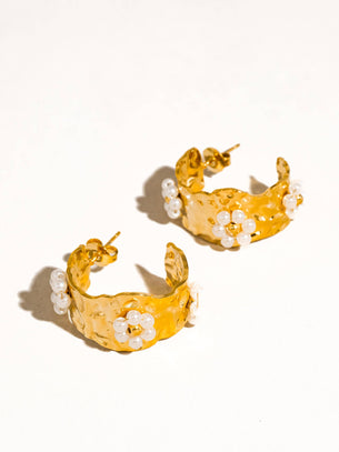 Charme 18K Gold Non-Tarnish Vintage Floral Hoop Earring