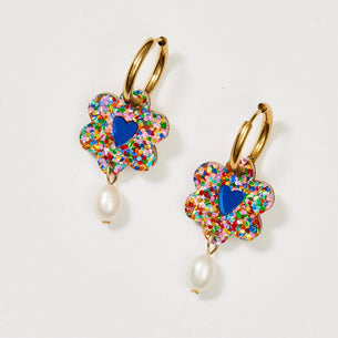 Heart Flower + Pearl Earrings - Rainbow