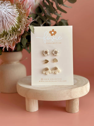 Stud Pack Trio #2 | Cream + Gold Glitter