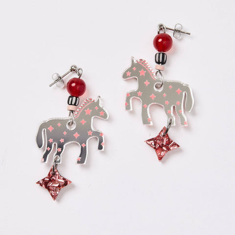 Star Horse Earrings - Silver / Pink