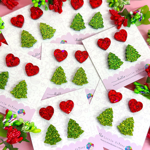 XMAS STUD SET - RUBY HEARTS AND XMAS TREE