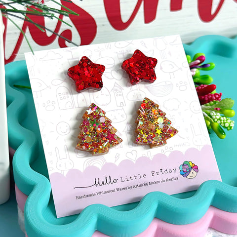 XMAS STAR STUD SET - Red and Gold