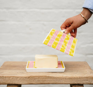 Large Butter Dish - Pink & Yellow Stripe