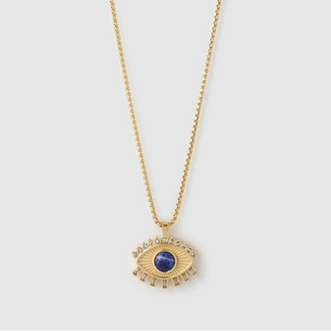 Gold necklace with an eye-shaped pendant on a light gray background