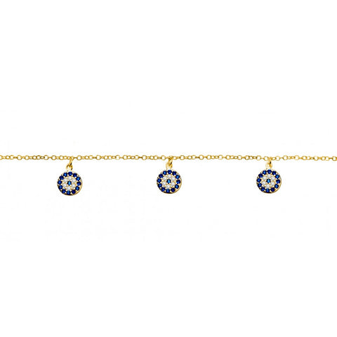 Gold Plated anklet with CZ Round Evil Eye charms