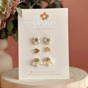 STUD PACK TRIO | Cream + GOLD GLITTER