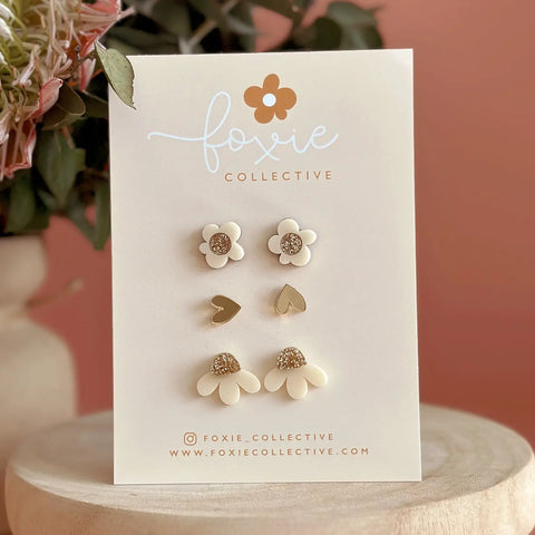 STUD PACK TRIO | Cream + GOLD GLITTER
