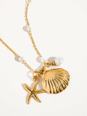 Capella 18K Gold Seashell Sea Star Pearl Necklace, Bracelet
