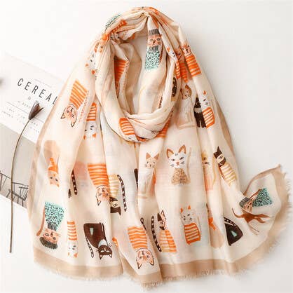 Beige Cats Cotton Scarf