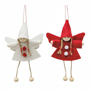 Two felt fairy ornaments, one white and one red, on a white background.