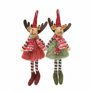 Two plush reindeer toys wearing festive outfits on a white background