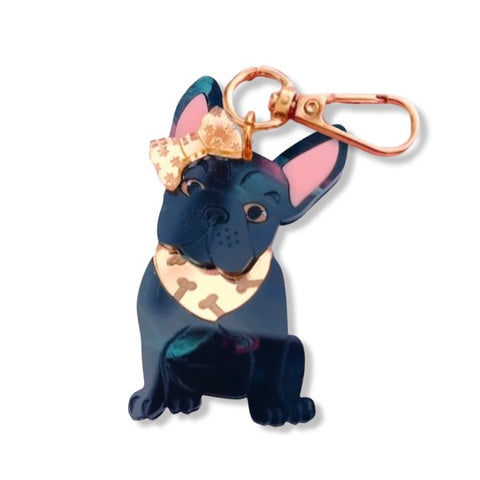 Frenchie Bag Tag/Keyring - Black with Bow