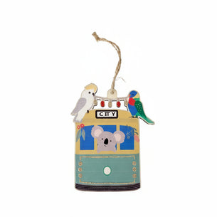 Decorative ornament with a koala, parrot, and cockatoo on a white background