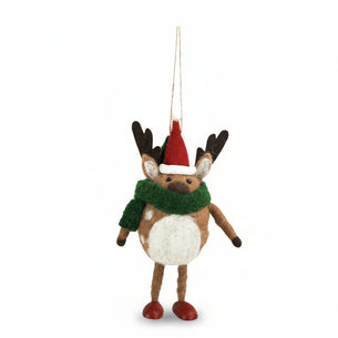 Felt reindeer ornament with a Santa hat and green scarf on a white background