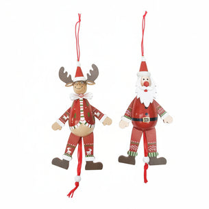 Two Christmas-themed ornaments, one resembling a reindeer and the other a Santa Claus figure, on a white background.