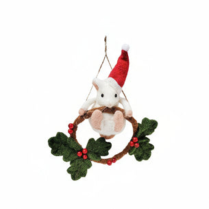 Felted Christmas ornament with a mouse in a Santa hat on a holly wreath.