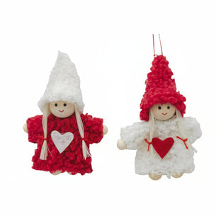 Two decorative gnomes with red and white hats and hearts on a white background