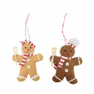 Two gingerbread man ornaments with a white background