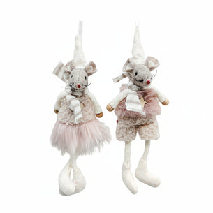 Two plush mouse toys with decorative outfits on a white background