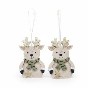 Two decorative reindeer ornaments with antlers and scarves on a white background