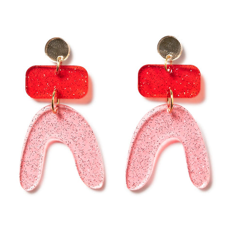 Jean Earrings - Gold Mirror, Red & Pink Clear Glitter