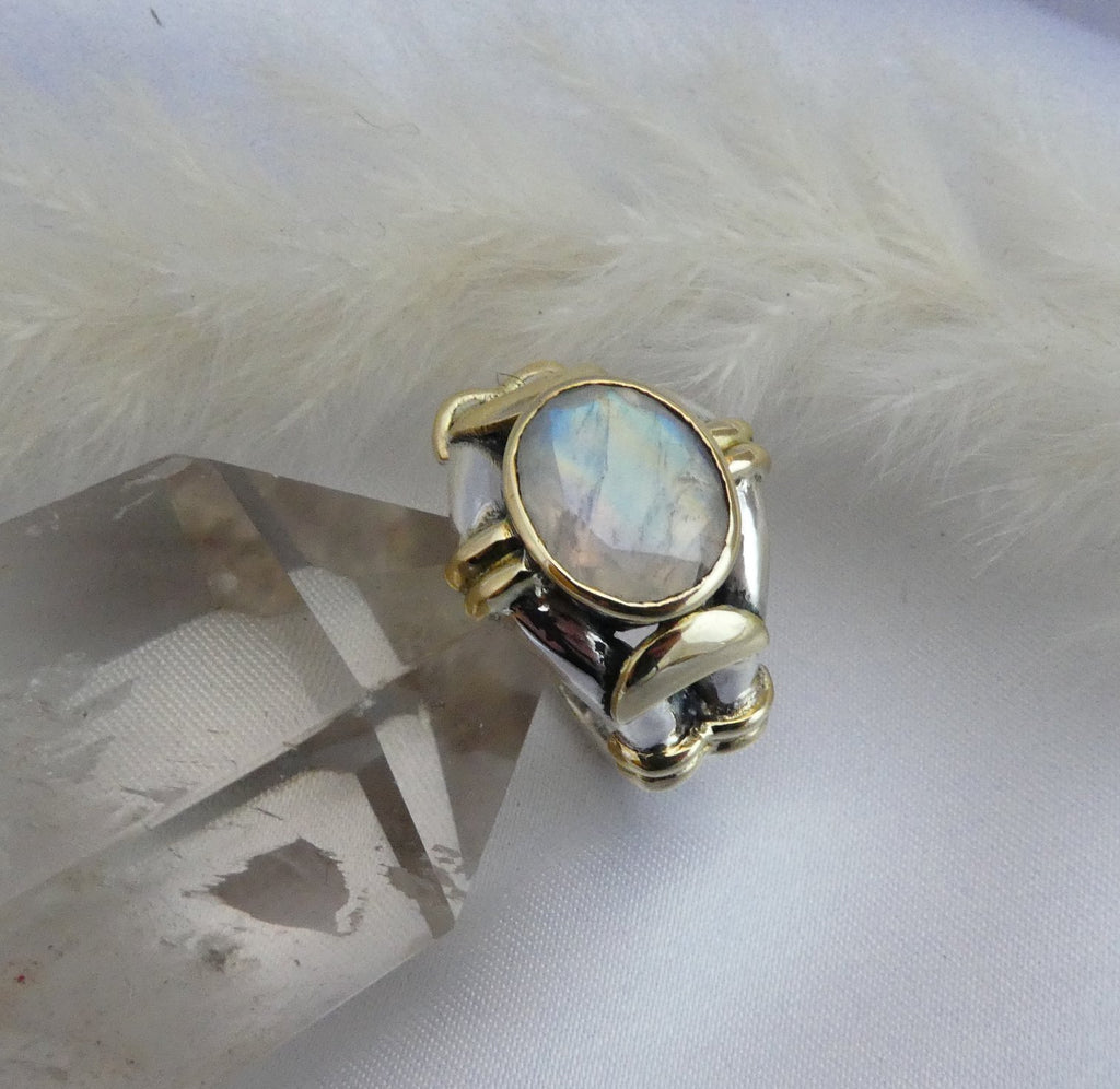 Kyoti Freya Ring || Silver || Brass || Rainbow Moonstone