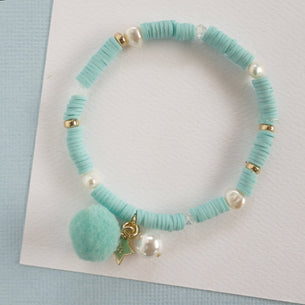 Aqua Blue Bracelet with Pom Pom and Pearl Lauren Hinkley