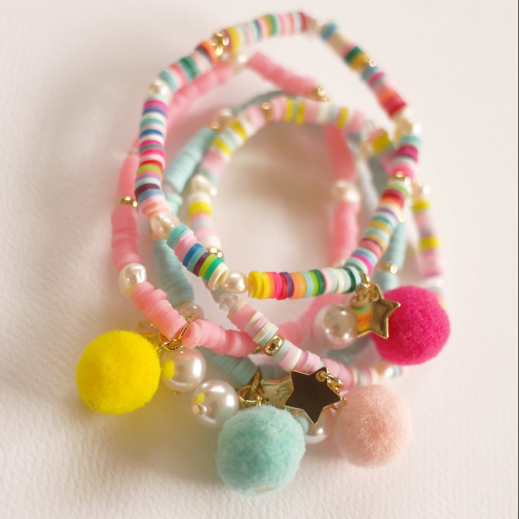Aqua Blue Bracelet with Pom Pom and Pearl