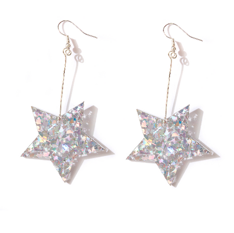 Star Earrings - Silver Confetti Glitter
