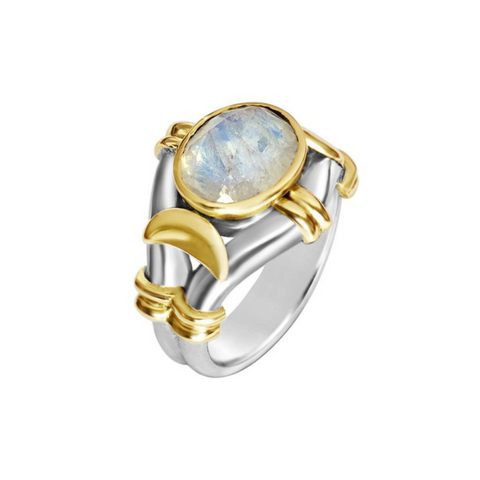 Kyoti Freya Ring || Silver || Brass || Rainbow Moonstone