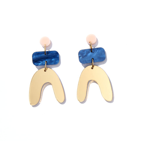 Jean Earrings - Pink, Navy and Gold Mirror