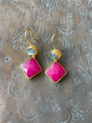 Ottoman Ruby/Labradorite Square Drop Earrings
